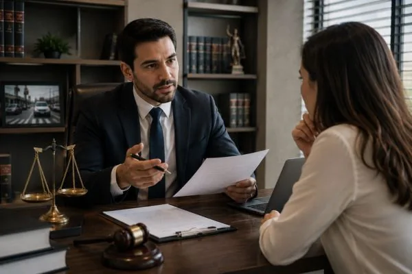 Abogado revisando documentos con una clienta