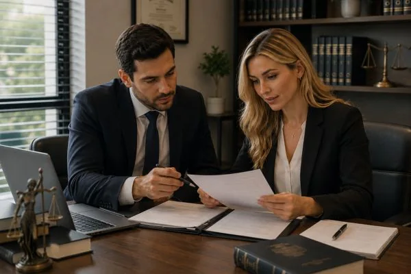 Dos profesionales revisando un expediente jurídico