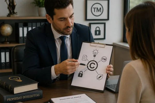 Abogado explicando derechos de autor y registro de marca